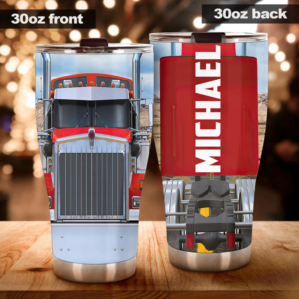 Camellia Personalized Red Truck Metal Style Graphics Stainless Steel Tumbler - Double-Walled Insulation Travel Thermal Cup With Lid Gift For Trucker Dad Husband Men