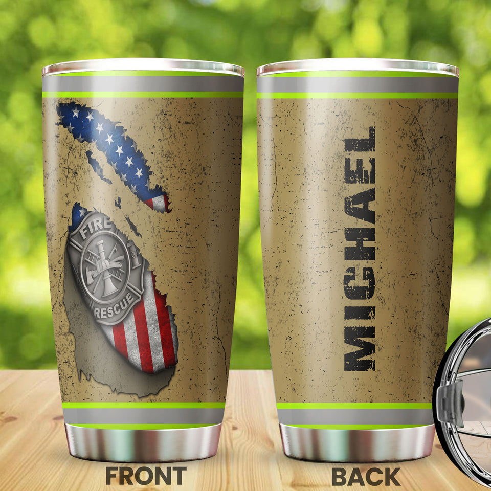 Camellia Personalized Firefighter American Flag Fire Rescue Metal Stainless Steel Tumbler - Double-Walled Insulation Travel Thermal Cup With Lid Gift For Firemen Volunteer