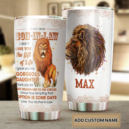 Camellia Personalized Lion To My Dear Son In Law Stainless Steel Tumbler - Double-Walled Insulation Thermal Cup With Lid Mother In Law Gift For Daughter's Husband