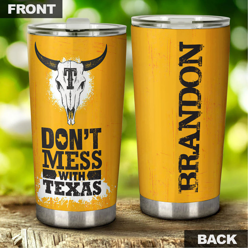 Camellia Personalized Don't Mess With Texas Longhorn Yellow Stainless Steel Tumbler - Double-Walled Insulation Travel Thermal Cup With Lid Gift For Texas Cowboy