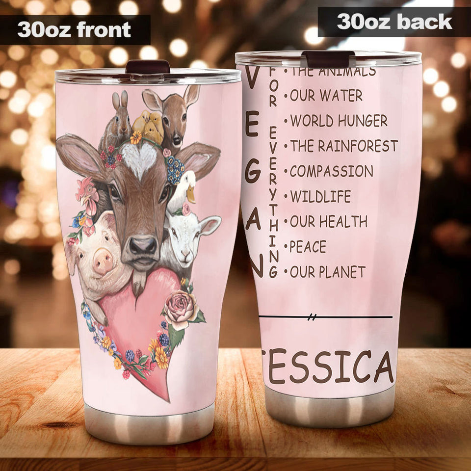 Camellia Personalized Cute Animals Vegan For Everything Stainless Steel Tumbler - Double-Walled Insulation Thermal Cup With Lid Gift For Veggie Vegan Eater