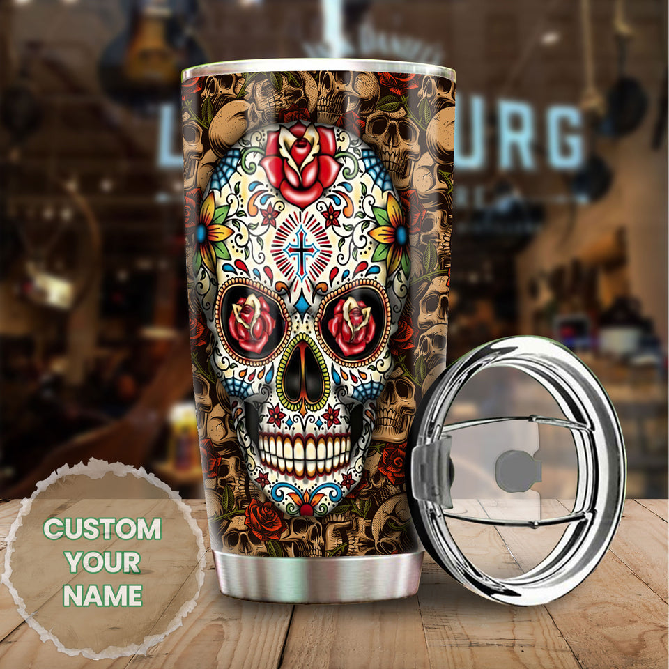 Camellia Personalized Hippie Henna Flower Skull Stainless Steel Tumbler - Double-Walled Insulation Travel Thermal Cup With Lid Gift For Hipster