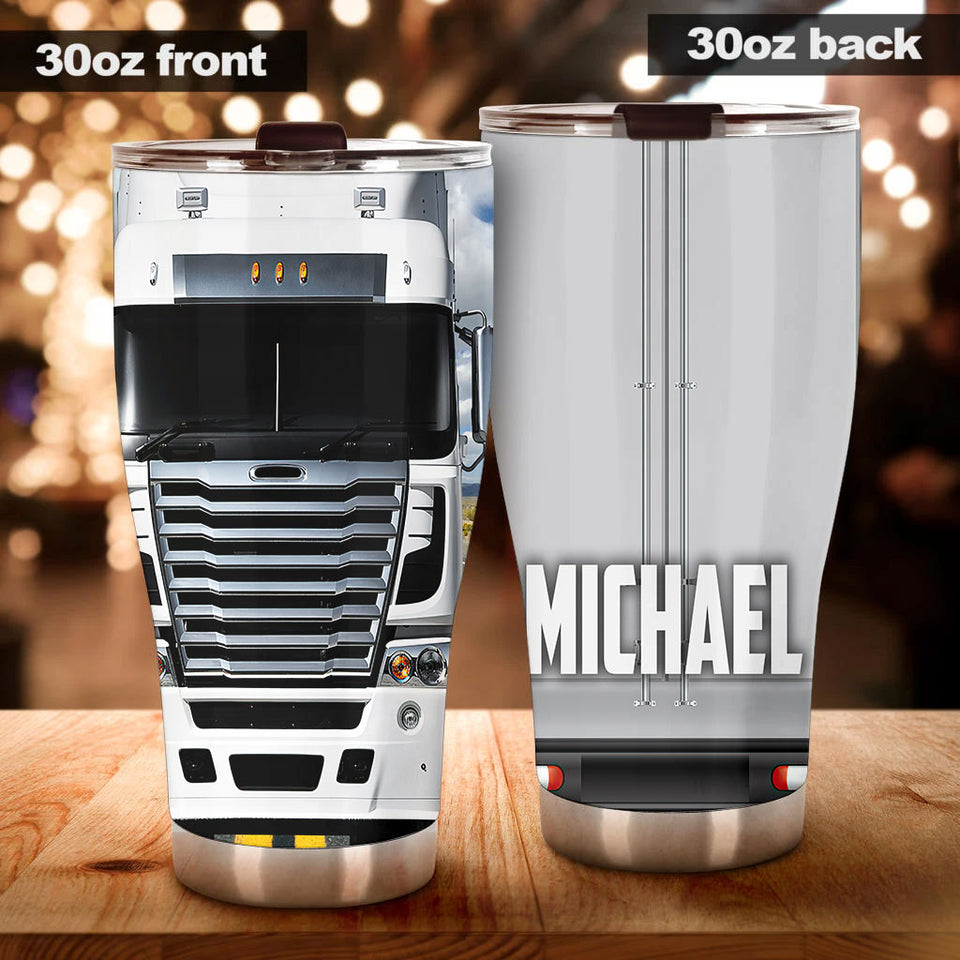 Camellia Personalized White Trucking Truck Graphics Stainless Steel Tumbler - Double-Walled Insulation Travel Thermal Cup With Lid Gift For Truck Driver Men
