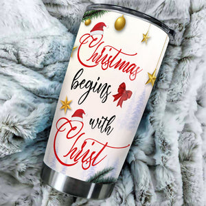 Camellia Personalized Northern Cardinal Chritsmas Begins With Christ Stainless Steel Tumbler - Double-Walled Insulation Travel Thermal Cup With Lid Gift For Xmas