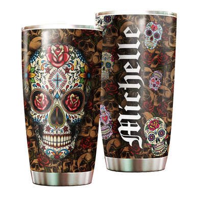 Camellia Personalized Hippie Henna Flower Skull Stainless Steel Tumbler - Double-Walled Insulation Travel Thermal Cup With Lid Gift For Hipster