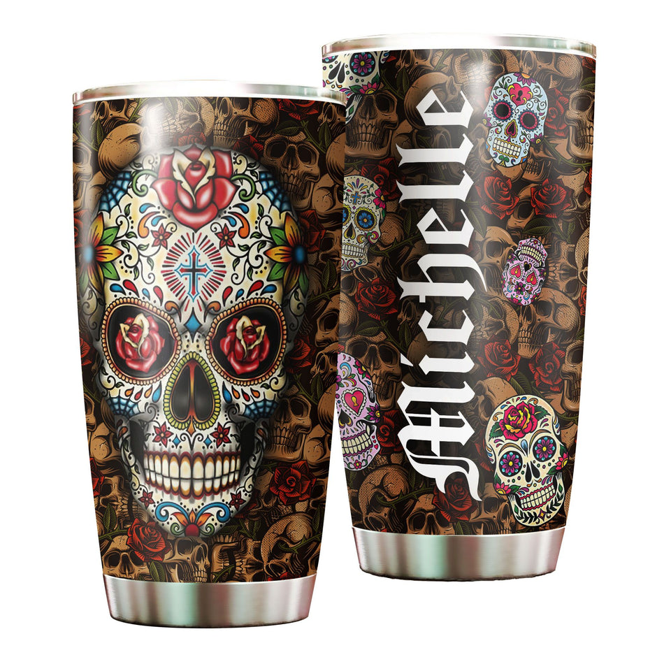 Camellia Personalized Hippie Henna Flower Skull Stainless Steel Tumbler - Double-Walled Insulation Travel Thermal Cup With Lid Gift For Hipster