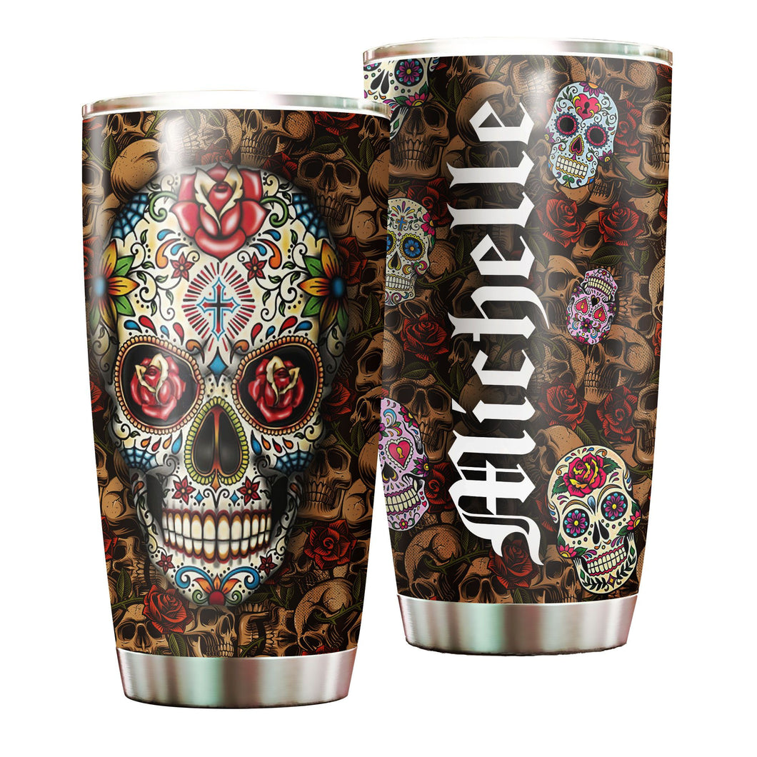 Camellia Personalized Hippie Henna Flower Skull Stainless Steel Tumbler - Double-Walled Insulation Travel Thermal Cup With Lid Gift For Hipster