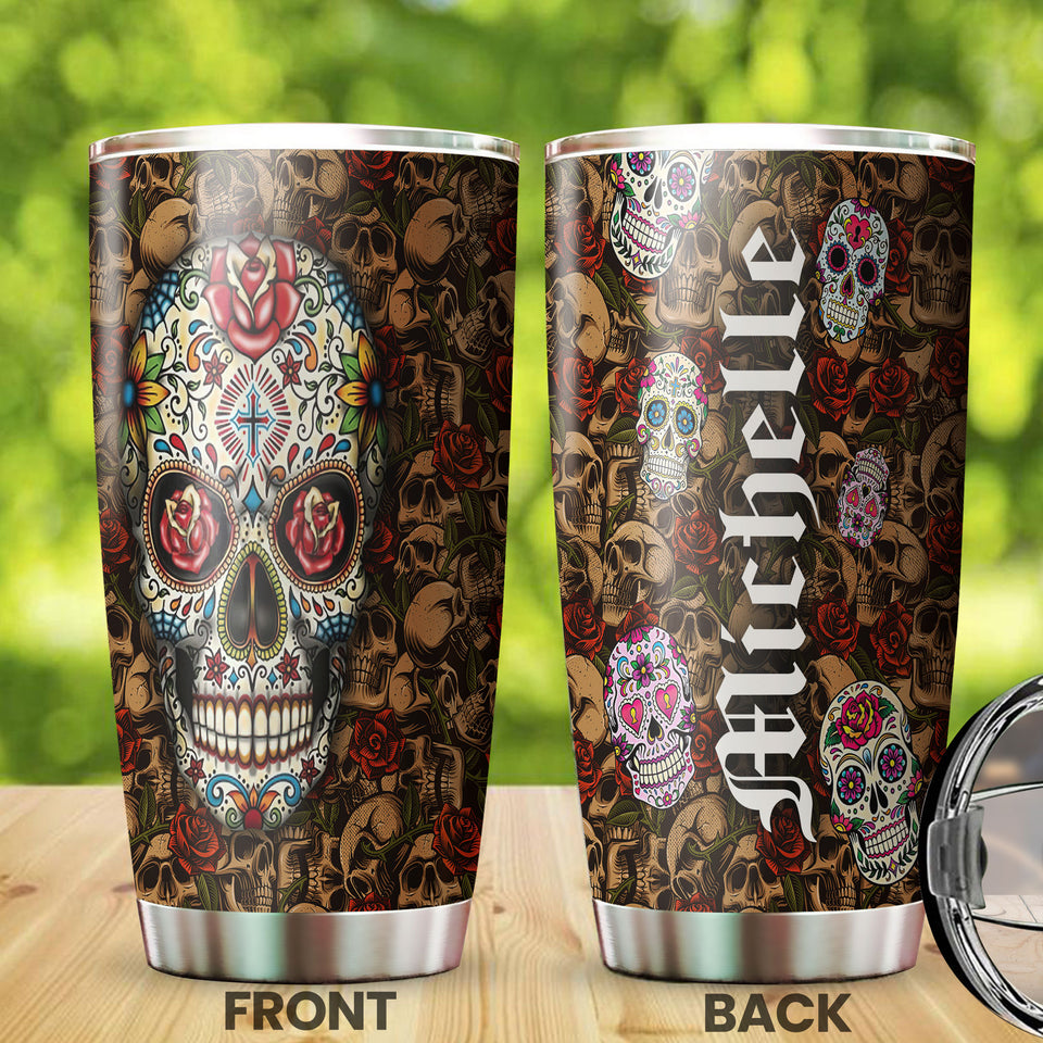 Camellia Personalized Hippie Henna Flower Skull Stainless Steel Tumbler - Double-Walled Insulation Travel Thermal Cup With Lid Gift For Hipster