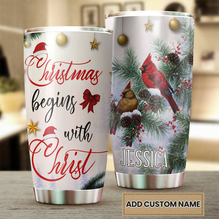 Camellia Personalized Northern Cardinal Chritsmas Begins With Christ Stainless Steel Tumbler - Double-Walled Insulation Travel Thermal Cup With Lid Gift For Xmas