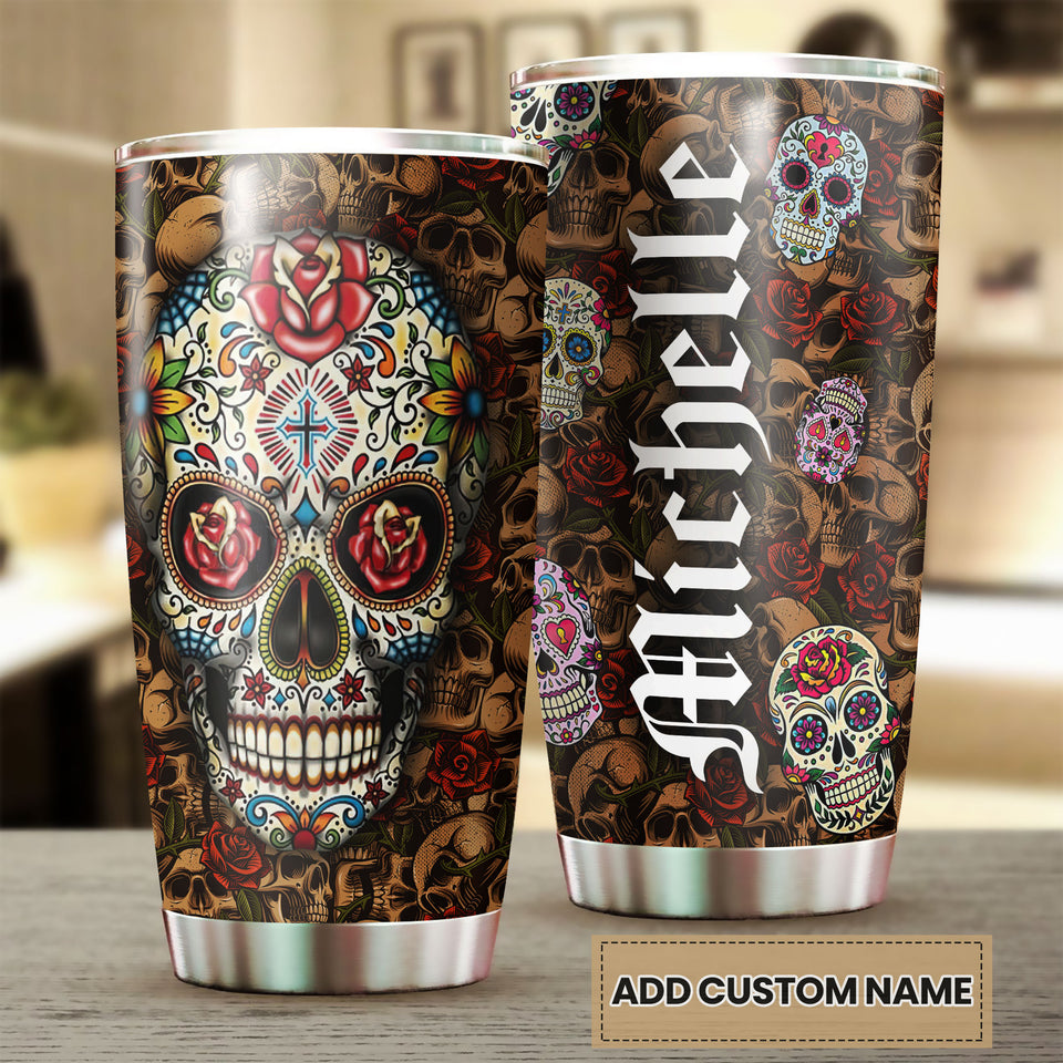 Camellia Personalized Hippie Henna Flower Skull Stainless Steel Tumbler - Double-Walled Insulation Travel Thermal Cup With Lid Gift For Hipster