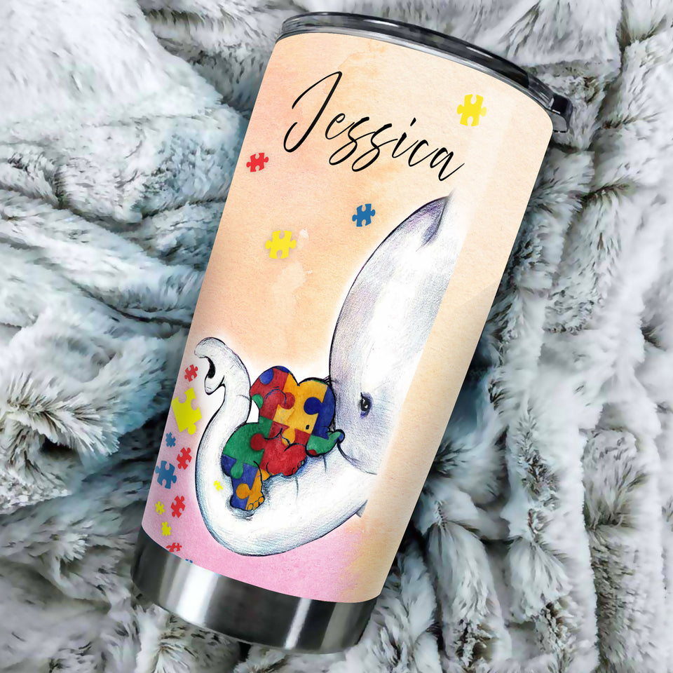 Camellia Personalized Elephants Autism Blessing Pieces Heart Stainless Steel Tumbler - Double-Walled Insulation Travel Thermal Cup With Lid Gift For Autism Awareness Month