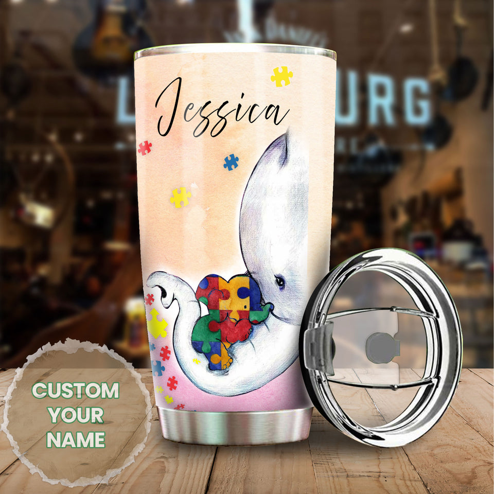 Camellia Personalized Elephants Autism Blessing Pieces Heart Stainless Steel Tumbler - Double-Walled Insulation Travel Thermal Cup With Lid Gift For Autism Awareness Month