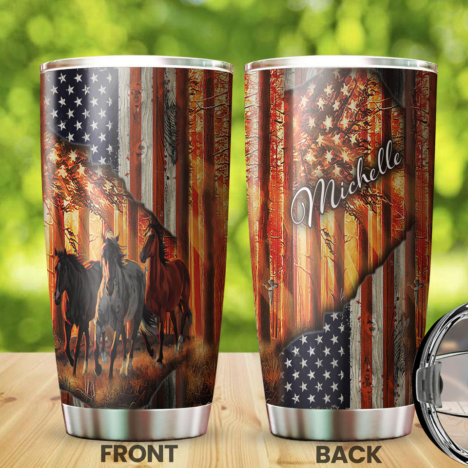Camellia Personalized Horse American USA FLag Graphics Stainless Steel Tumbler - Double-Walled Insulation Travel Thermal Cup With Lid Gift For Horse Lover Barrel Racing