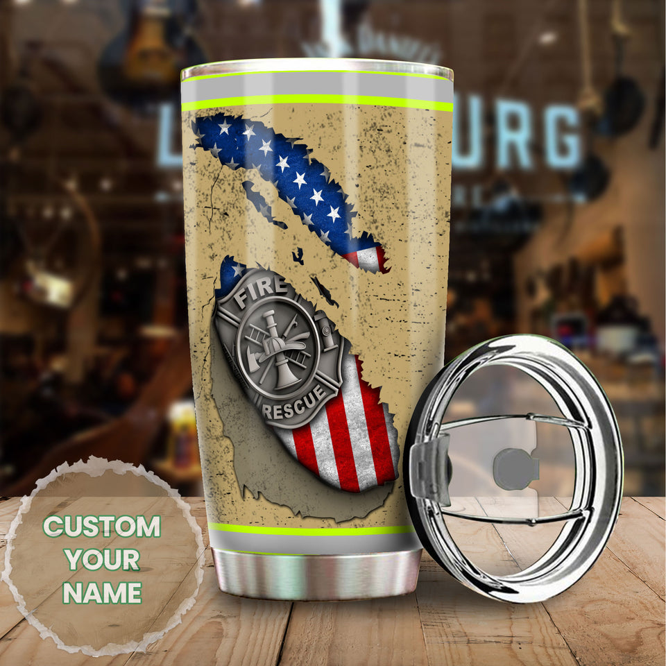Camellia Personalized Firefighter American Flag Fire Rescue Metal Stainless Steel Tumbler - Double-Walled Insulation Travel Thermal Cup With Lid Gift For Firemen Volunteer
