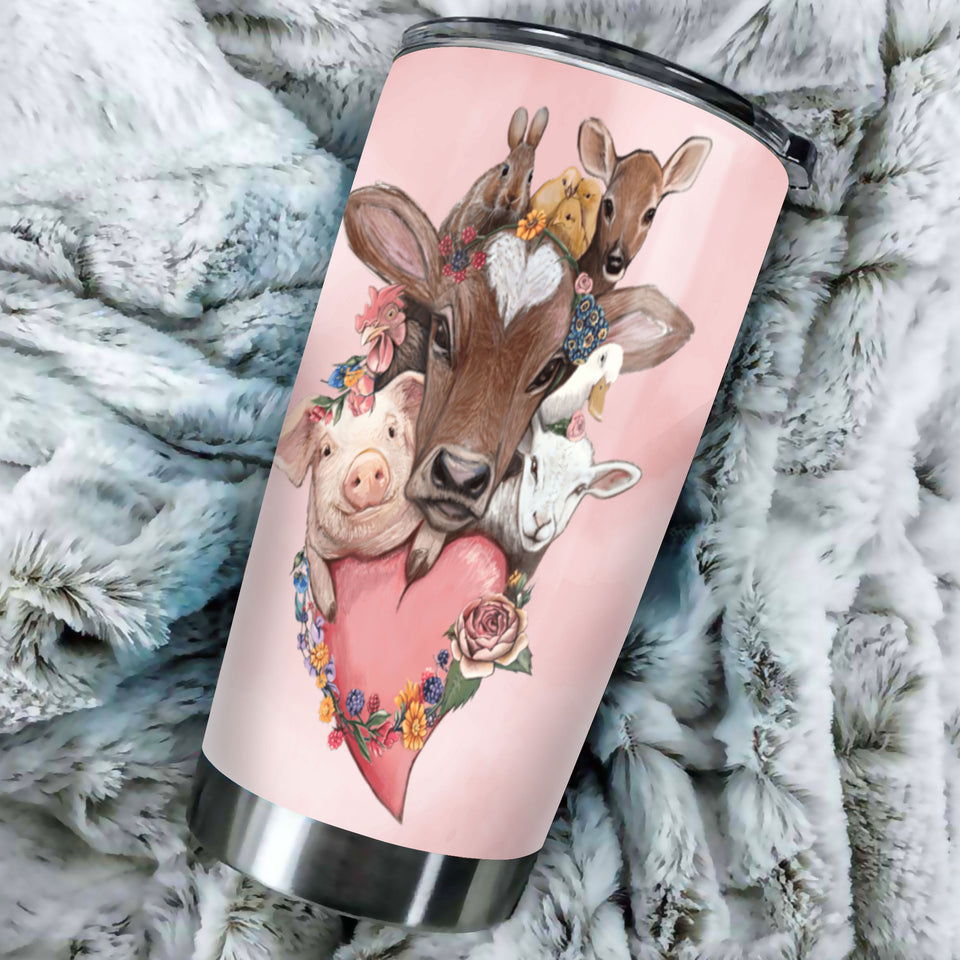 Camellia Personalized Cute Animals Vegan For Everything Stainless Steel Tumbler - Double-Walled Insulation Thermal Cup With Lid Gift For Veggie Vegan Eater