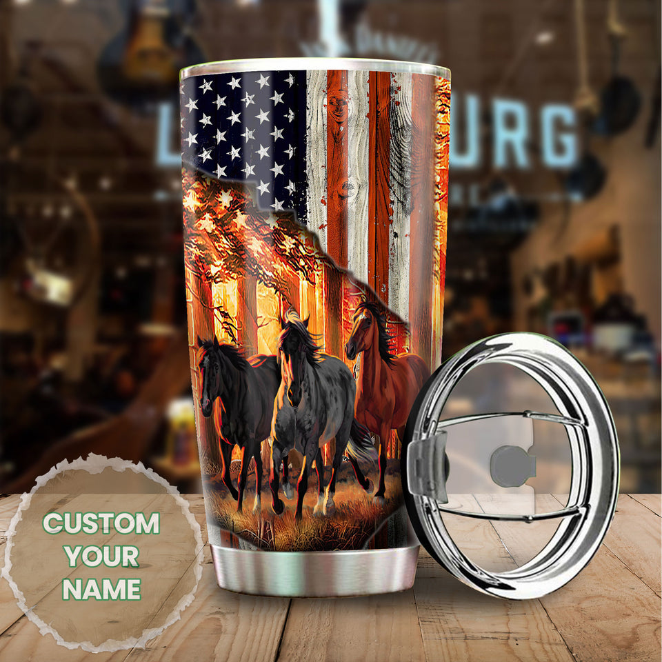 Camellia Personalized Horse American USA FLag Graphics Stainless Steel Tumbler - Double-Walled Insulation Travel Thermal Cup With Lid Gift For Horse Lover Barrel Racing