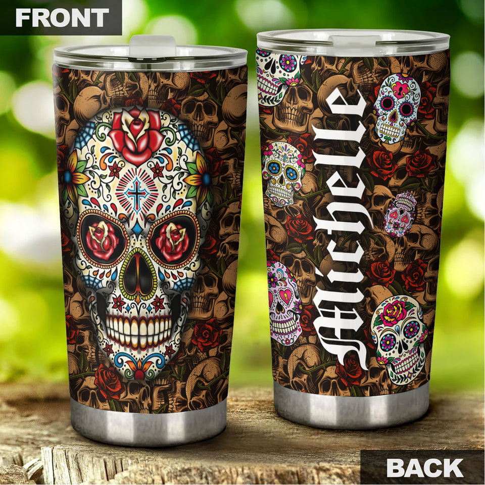 Camellia Personalized Hippie Henna Flower Skull Stainless Steel Tumbler - Double-Walled Insulation Travel Thermal Cup With Lid Gift For Hipster