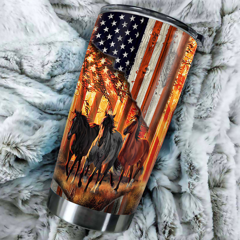 Camellia Personalized Horse American USA FLag Graphics Stainless Steel Tumbler - Double-Walled Insulation Travel Thermal Cup With Lid Gift For Horse Lover Barrel Racing