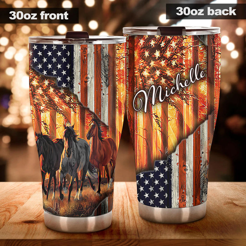Camellia Personalized Horse American USA FLag Graphics Stainless Steel Tumbler - Double-Walled Insulation Travel Thermal Cup With Lid Gift For Horse Lover Barrel Racing