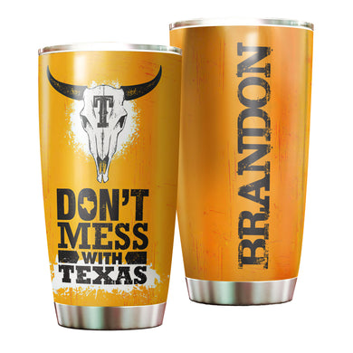 Camellia Personalized Don't Mess With Texas Longhorn Yellow Stainless Steel Tumbler - Double-Walled Insulation Travel Thermal Cup With Lid Gift For Texas Cowboy