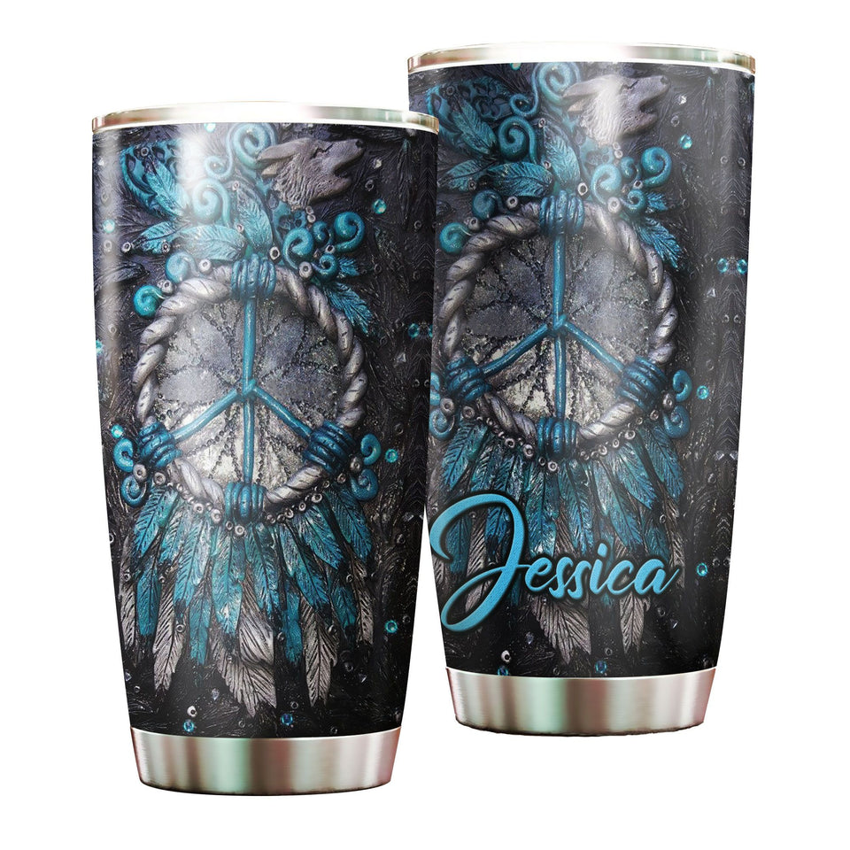 Camellia Personalized Peace Hippie Dreamcatcher Wooden Style Stainless Steel Tumbler - Double-Walled Insulation Thermal Cup With Lid Gift For Hipster Hippie Peace Lover