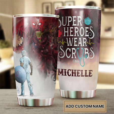 Camellia Personalized Superheroes Wear Scrubs Pandemic Graphics Stainless Steel Tumbler - Double-Walled Insulation Thermal Cup With Lid For Doctor Healthcare Worker
