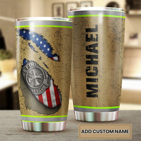 Camellia Personalized Firefighter American Flag Fire Rescue Metal Stainless Steel Tumbler - Double-Walled Insulation Travel Thermal Cup With Lid Gift For Firemen Volunteer