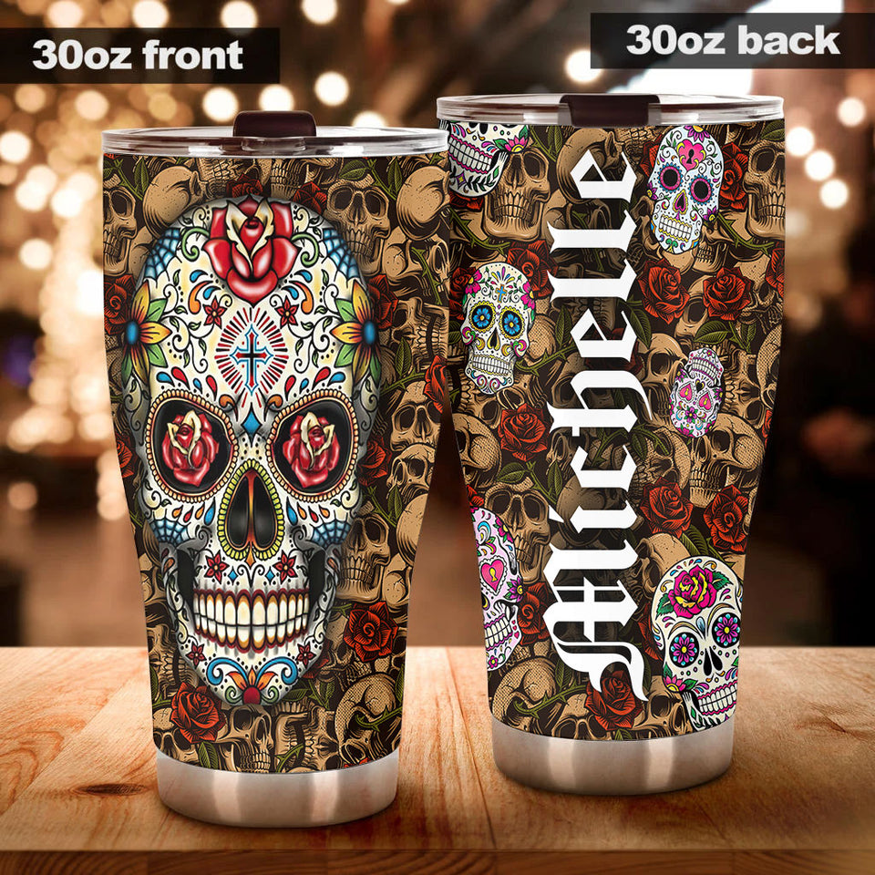 Camellia Personalized Hippie Henna Flower Skull Stainless Steel Tumbler - Double-Walled Insulation Travel Thermal Cup With Lid Gift For Hipster