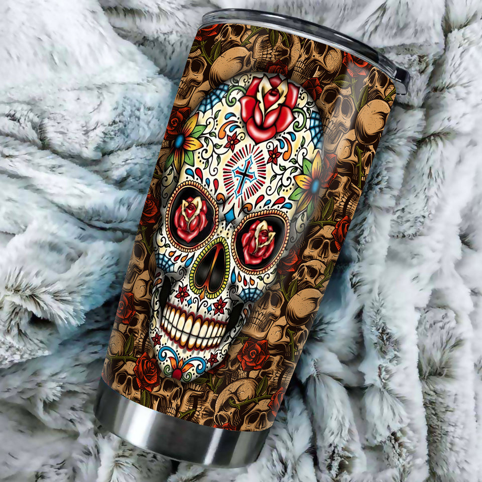 Camellia Personalized Hippie Henna Flower Skull Stainless Steel Tumbler - Double-Walled Insulation Travel Thermal Cup With Lid Gift For Hipster