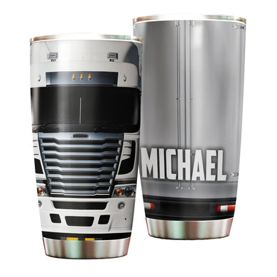 Camellia Personalized White Trucking Truck Graphics Stainless Steel Tumbler - Double-Walled Insulation Travel Thermal Cup With Lid Gift For Truck Driver Men