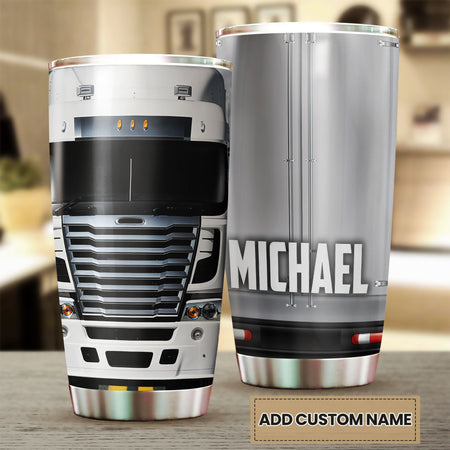 Camellia Personalized White Trucking Truck Graphics Stainless Steel Tumbler - Double-Walled Insulation Travel Thermal Cup With Lid Gift For Truck Driver Men