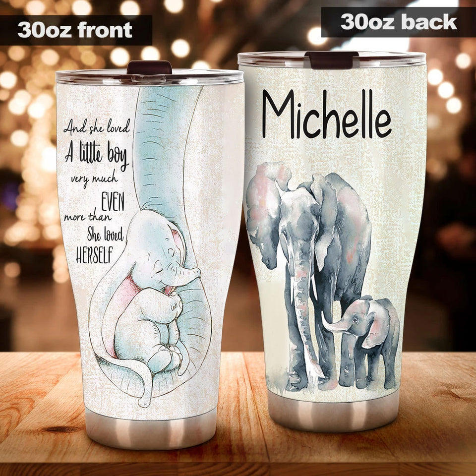 Camellia Personalized Watercolor Elephants She Loved A Little Boy Stainless Steel Tumbler - Double-Walled Insulation Thermal Cup With Lid Mother Gift For Son