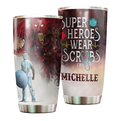 Camellia Personalized Superheroes Wear Scrubs Pandemic Graphics Stainless Steel Tumbler - Double-Walled Insulation Thermal Cup With Lid For Doctor Healthcare Worker