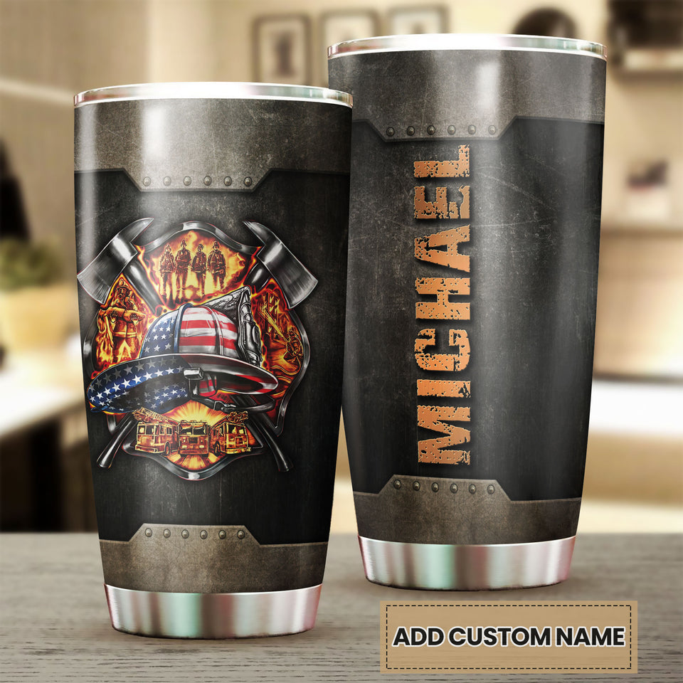 Camellia Personalized Firefighter American Flag Metal Style Graphics Stainless Steel Tumbler - Double-Walled Insulation Thermal Cup With Lid Gift For Firemen Volunteer