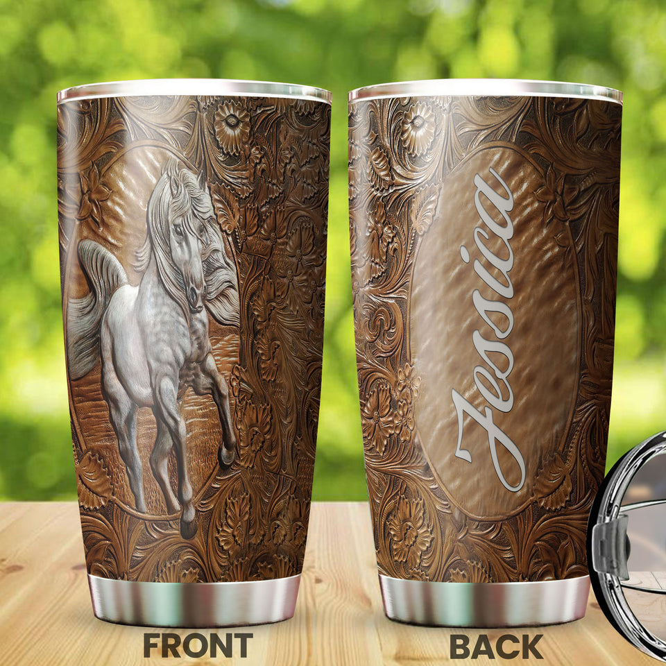 Camellia Personalized White Horse Wooden Style Graphics Stainless Steel Tumbler - Double-Walled Insulation Thermal Cup With Lid Gift For Horse Lover Barrel Racing Horse Rider