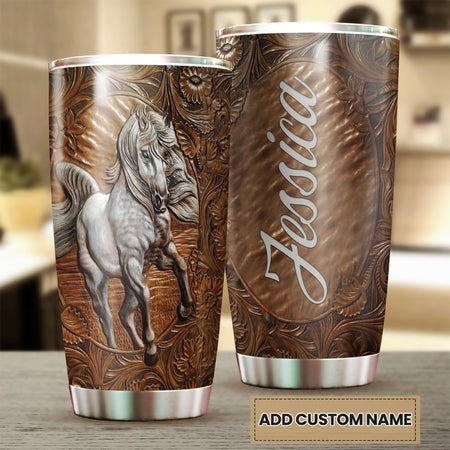 Camellia Personalized White Horse Wooden Style Graphics Stainless Steel Tumbler - Double-Walled Insulation Thermal Cup With Lid Gift For Horse Lover Barrel Racing Horse Rider