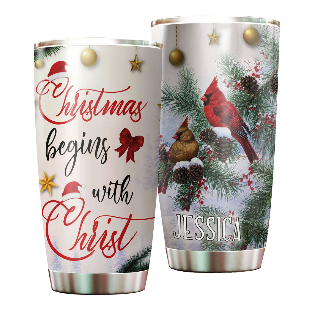 Camellia Personalized Northern Cardinal Chritsmas Begins With Christ Stainless Steel Tumbler - Double-Walled Insulation Travel Thermal Cup With Lid Gift For Xmas