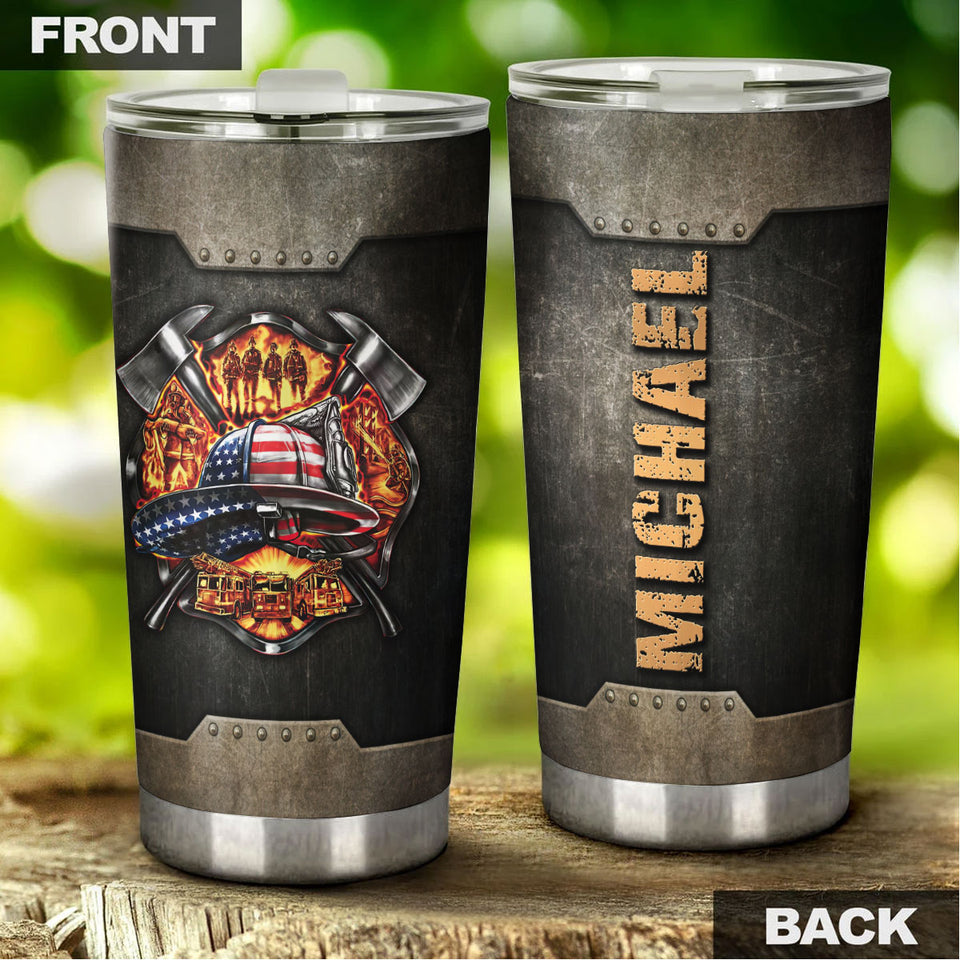 Camellia Personalized Firefighter American Flag Metal Style Graphics Stainless Steel Tumbler - Double-Walled Insulation Thermal Cup With Lid Gift For Firemen Volunteer