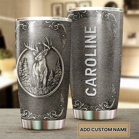 Camellia Personalized Deer Forest Hunting Silver Metal Style Stainless Steel Tumbler - Double-Walled Insulation Travel Thermal Cup With Lid Gift For Hunter Dad