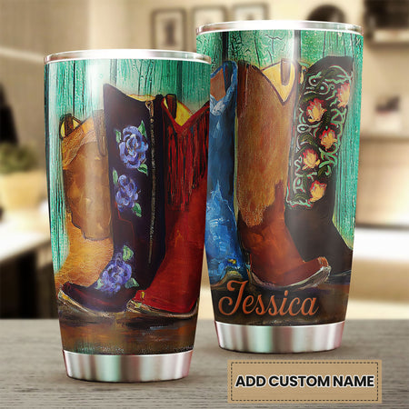 Camellia Personalized Hippie Cowboy Boots Painting Vintage Graphic Stainless Steel Tumbler - Double-Walled Insulation Travel Thermal Cup With Lid Gift For Teenager Hipster