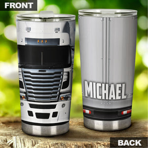 Camellia Personalized White Trucking Truck Graphics Stainless Steel Tumbler - Double-Walled Insulation Travel Thermal Cup With Lid Gift For Truck Driver Men