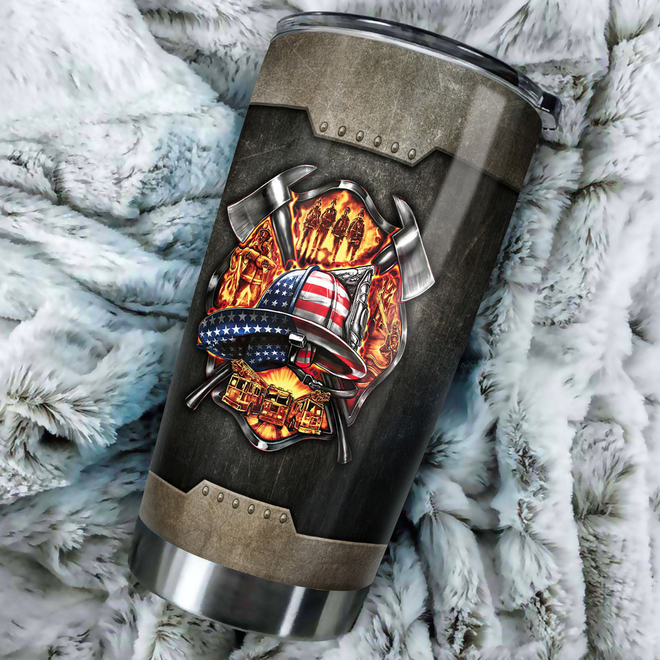 Camellia Personalized Firefighter American Flag Metal Style Graphics Stainless Steel Tumbler - Double-Walled Insulation Thermal Cup With Lid Gift For Firemen Volunteer