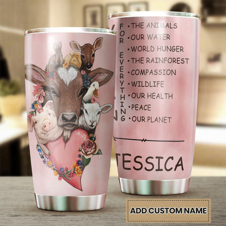 Camellia Personalized Cute Animals Vegan For Everything Stainless Steel Tumbler - Double-Walled Insulation Thermal Cup With Lid Gift For Veggie Vegan Eater