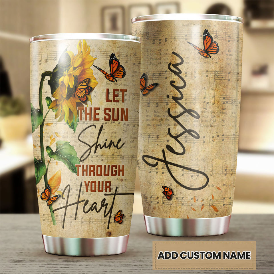 Camellia Personalized Sunflower Hippie Let The Sun Shine Through Heart Stainless Steel Tumbler - Double-Walled Insulation Travel Thermal Cup With Lid Gift For Hipster Girl