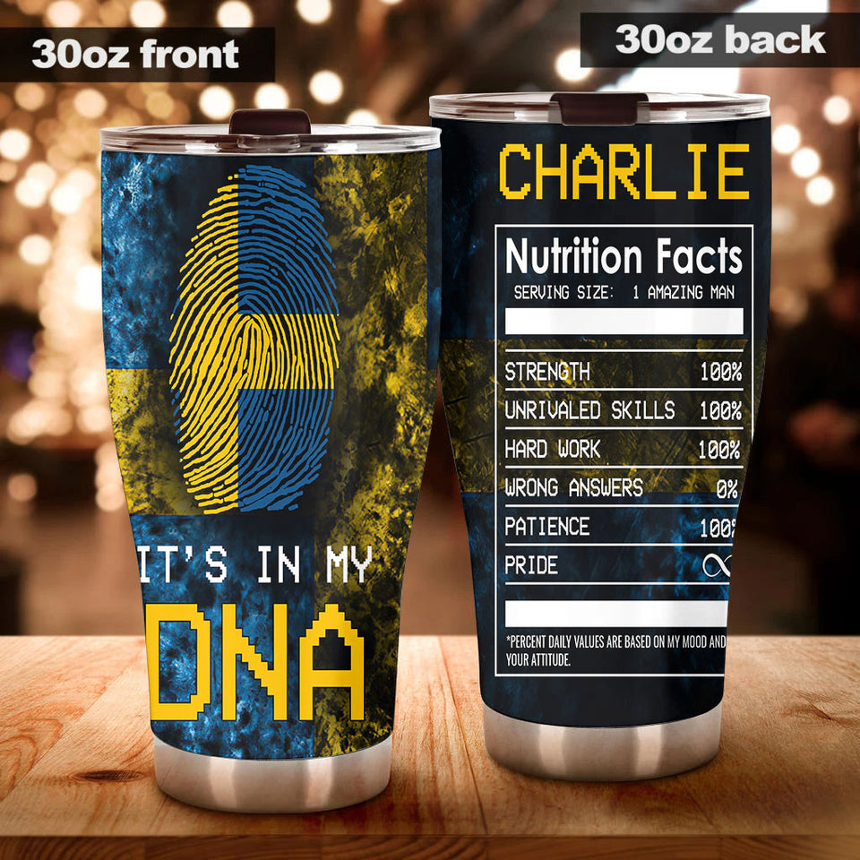 Camellia Personalized DNA Sweden Fingerprint Nutrition Facts Stainless Steel Tumbler - Double-Walled Insulation Travel Thermal Cup With Lid Gift For Swedish