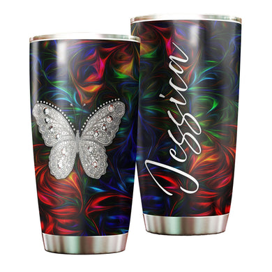 Camellia Personalized Colorful Butterfly Jewelry Style Stainless Steel Tumbler - Double-Walled Insulation Travel Thermal Cup With Lid Gift For Memorial Day