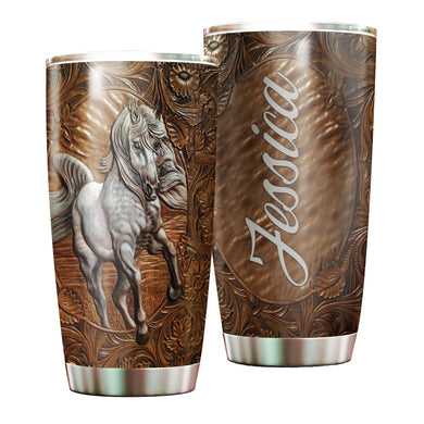 Camellia Personalized White Horse Wooden Style Graphics Stainless Steel Tumbler - Double-Walled Insulation Thermal Cup With Lid Gift For Horse Lover Barrel Racing Horse Rider