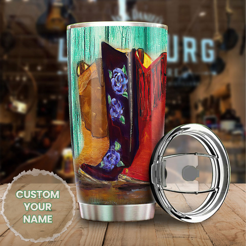 Camellia Personalized Hippie Cowboy Boots Painting Vintage Graphic Stainless Steel Tumbler - Double-Walled Insulation Travel Thermal Cup With Lid Gift For Teenager Hipster