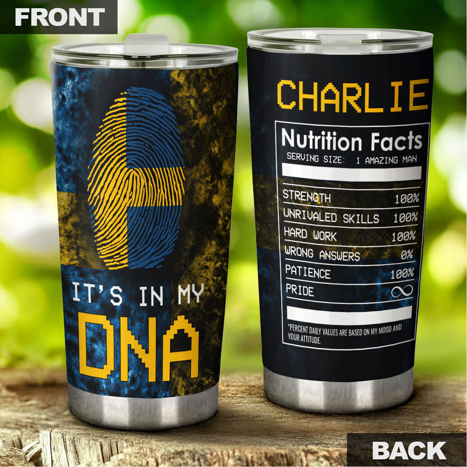 Camellia Personalized DNA Sweden Fingerprint Nutrition Facts Stainless Steel Tumbler - Double-Walled Insulation Travel Thermal Cup With Lid Gift For Swedish