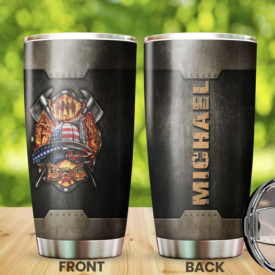 Camellia Personalized Firefighter American Flag Metal Style Graphics Stainless Steel Tumbler - Double-Walled Insulation Thermal Cup With Lid Gift For Firemen Volunteer